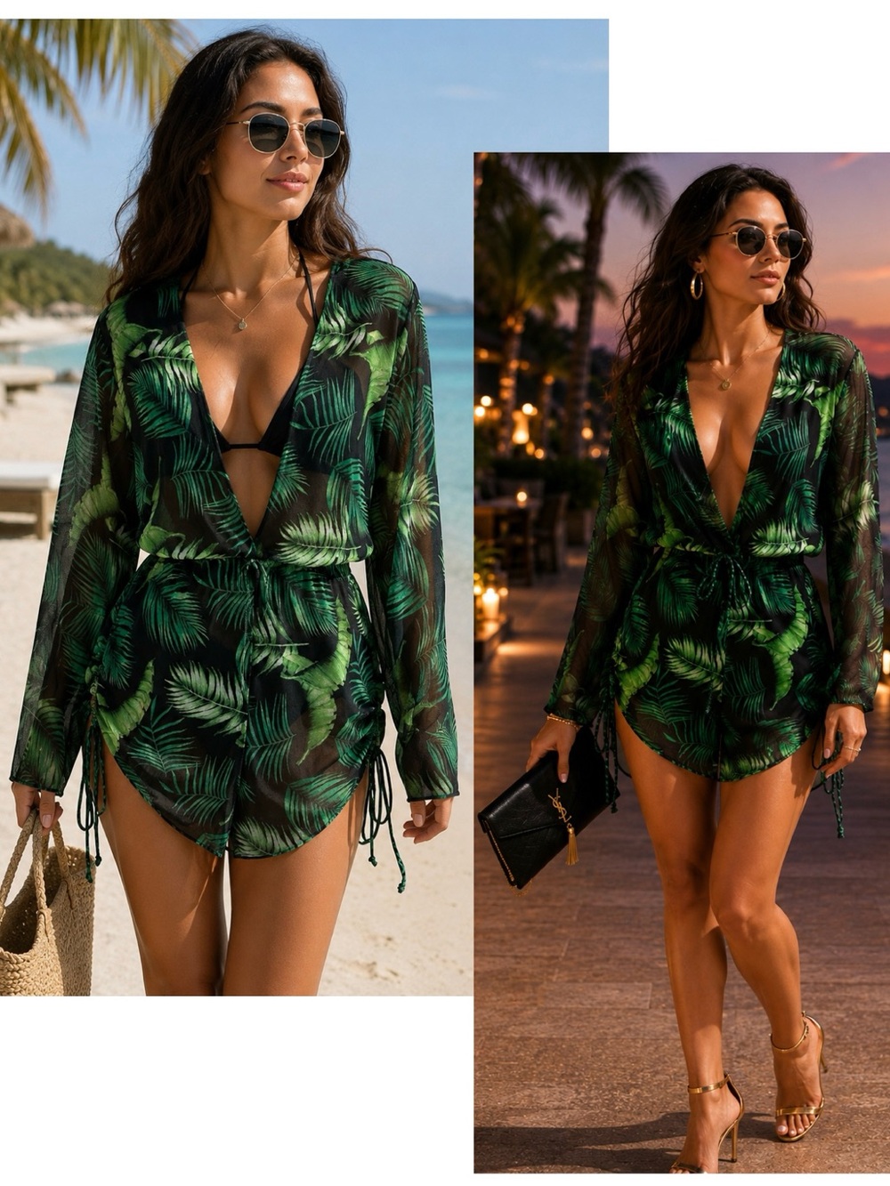 Tropical Palm Leaf Sheer deep plunge Romper Cover-Up Long Sleeve Black Green M - Picture 16 of 16